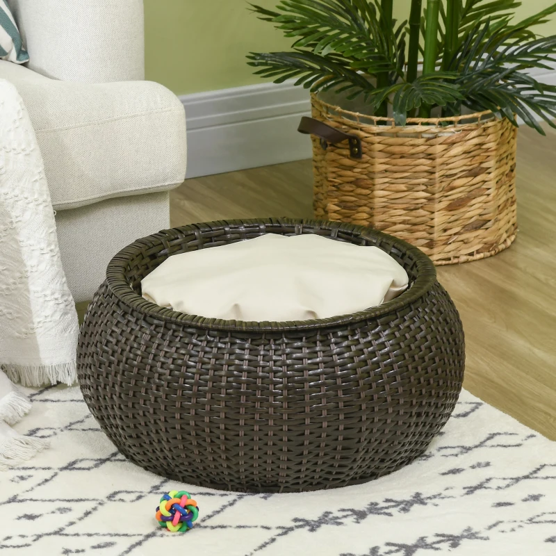PawHut Katzenkorb inkl. Kissen und verstecktem Stauraum, Katzenbett, Haustierbett. PE-Rattan, Dunkelbraun + Creme