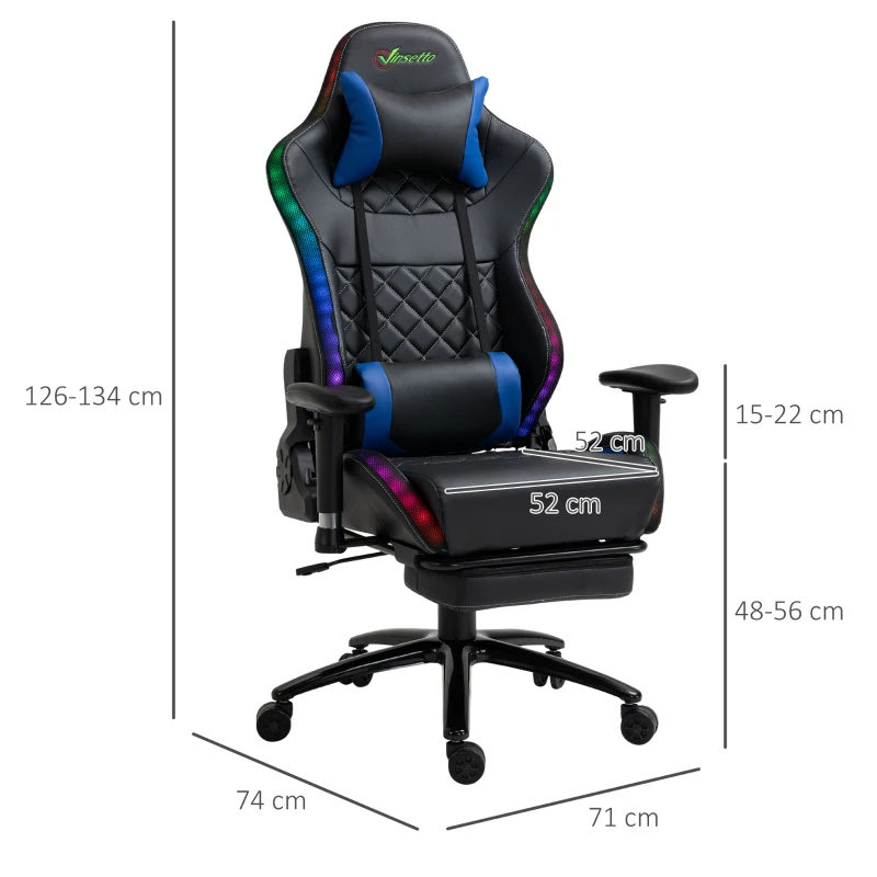 Vinsetto Gamingstuhl mit RGB LED-Leuchten Bürostuhl mit Wippenfunktion höhenverstellbarer Schreibtischstuhl Fußstütze ergonomisches Design modern Kunstleder Stahl Schwarz+Blau 71x74x 126-134 cm