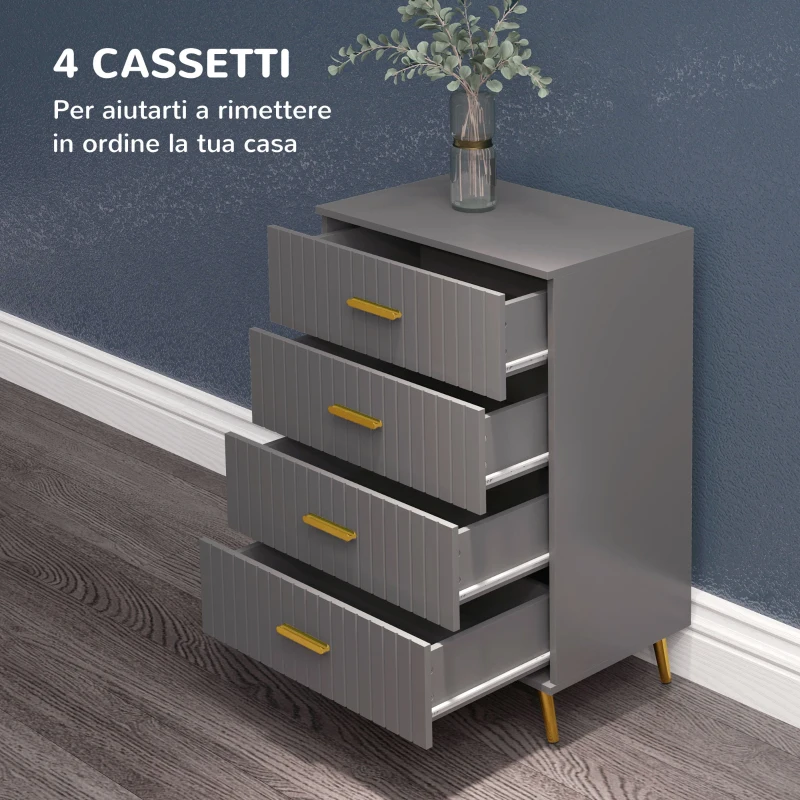 HOMCOM Cassettiera 4 Cassetti Moderna in Legno e Alluminio, 60x40x90 cm, Oro e Grigio Scuro
