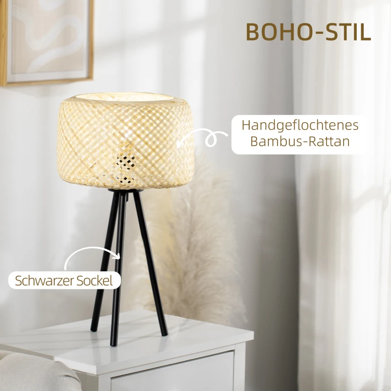 HOMCOM Tischleuchte im Boho-Stil, Lampenschirm aus Rattan, Stativ, 28 cm x 28 cm x 53 cm, Natur + Schwarz