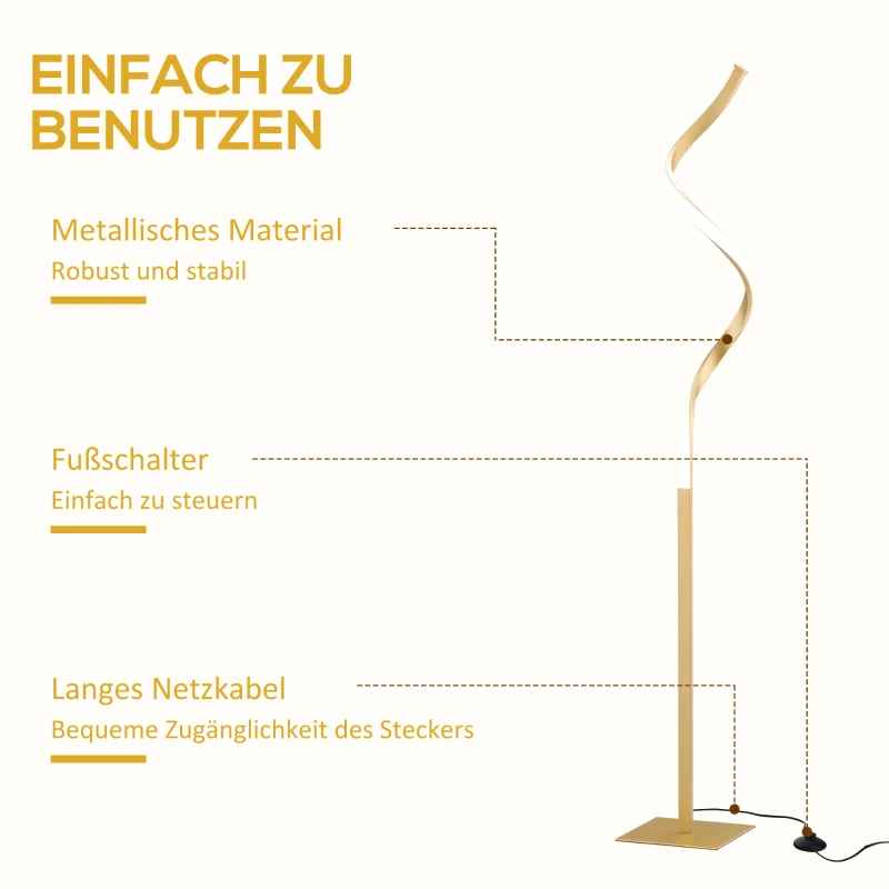 HOMCOM Stehleuchte in Spiralform, 20,5 cm x 20,5 cm x 147 cm, Fussschalter, 1,8 m langes Netzkabel, Gold
