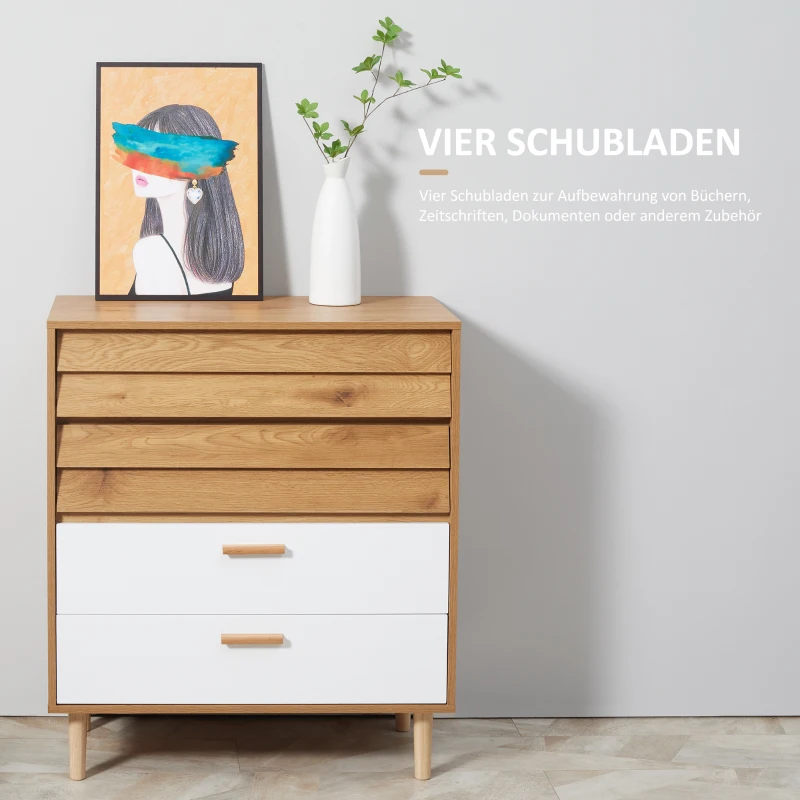 HOMCOM Kommode Schubladenschrank Beistellschrank Sideboard Aufbewahrungsschrank mit Schubladen Anti-Kipp MDF Naturholz+Weiß 80 x 39,5 x 92 cm