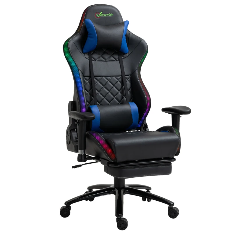 Vinsetto Gamingstuhl mit RGB LED-Leuchten Bürostuhl mit Wippenfunktion höhenverstellbarer Schreibtischstuhl Fußstütze ergonomisches Design modern Kunstleder Stahl Schwarz+Blau 71x74x 126-134 cm