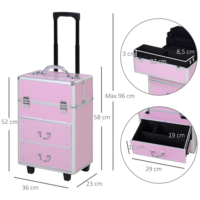 HOMCOM Kosmetikkoffer Trolley professioneller Schminkkoffer Friseurkoffer Make-up Koffer Multikoffer für Friseur mit Rollen 2 Schlüsseln ausziehbare Fächer Schubladen Rosa Alu 36 x 23 x 58 cm