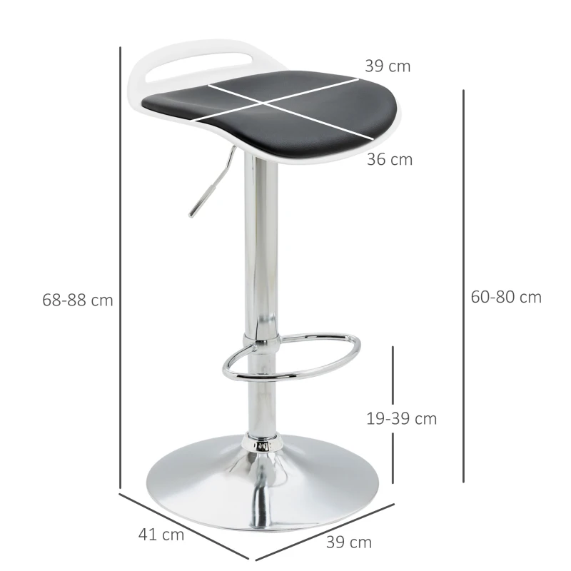 HOMCOM Barhocker, 2er-Set, höhenverstellbar, drehbar, mit Fußstütze, Stahl+Kunstleder, schwarz, 39 x 41 x 68-88 cm