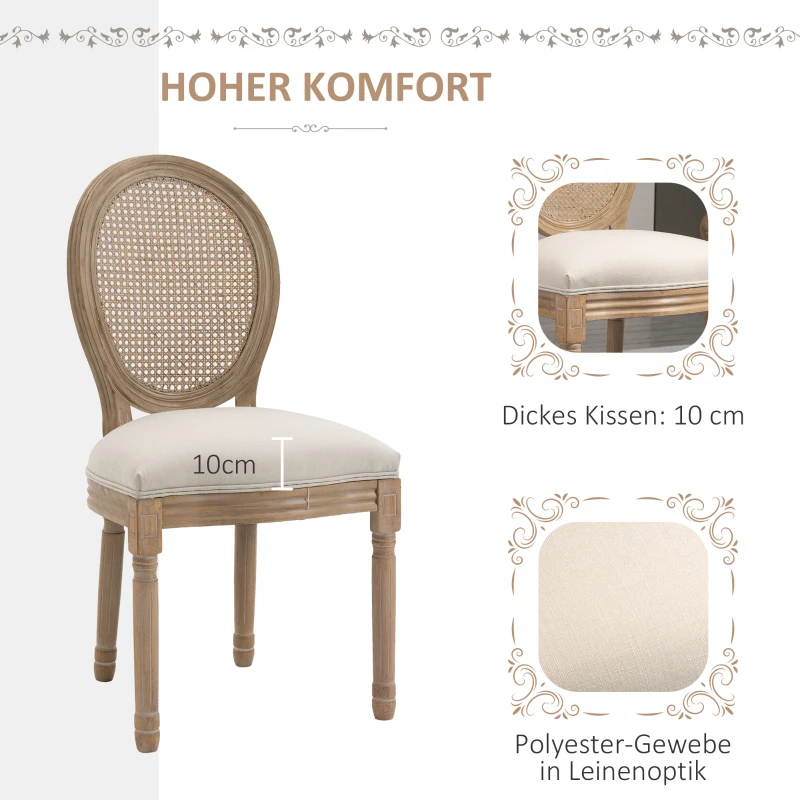 HOMCOM 2er-Set Küchenstühle Polsterstühle Wienergeflecht, Massivholz, 49 cm x 56 cm x 96 cm, Cremeweiß +Natur