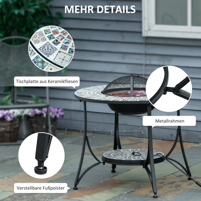 Outsunny Feuertisch Gartentisch mit Feuerschale Feuerstelle mit Funkenschutz & Grillrost Feuerkorb Outdoor für Heizung BBQ Garten Terrase Metall Fliese 75 x 75x 60 cm