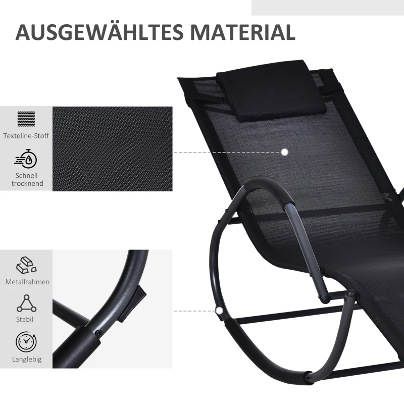 Outsunny Schaukelstuhl, Schaukelliege mit Kopfkissen, Gartenliege, Schwungliege, Texteline, Schwarz, 160 x 61 x 79 cm