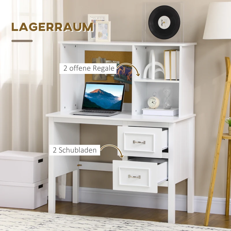 HOMCOM Schreibtisch, 2 Schubladen, 2 Regale, Korkwand, weiß, 100 x 50 x 127 cm