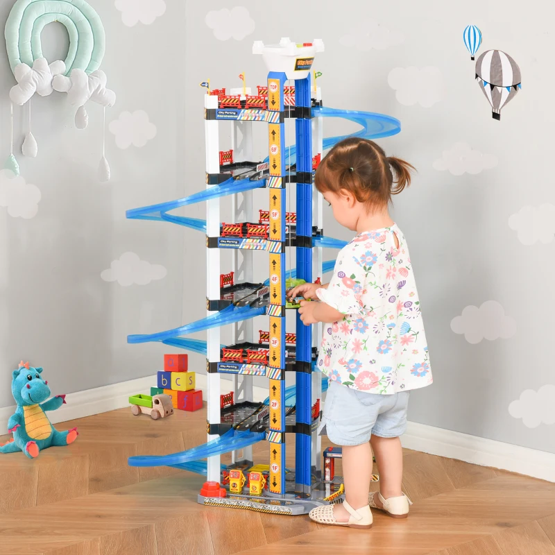 HOMCOM Parking Garage kinder Rennbahn Kinder Autorennbahn Parkgarage für Spielzeugautos mit Licht und Sound ab 3 Jahre ABS Blau+Weiß 64 x 59 x 113 cm