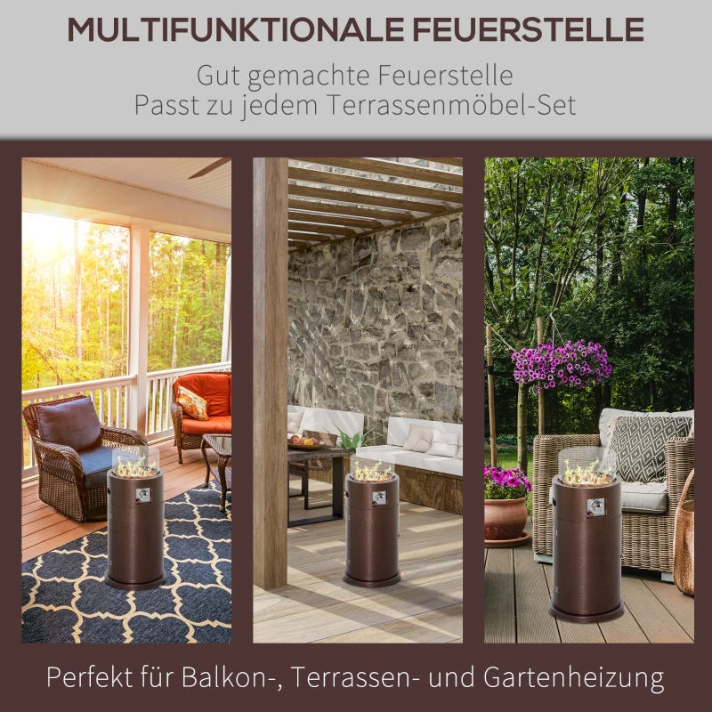 Outsunny Heizstrahler Gas für Terrasse runde Gas Feuerstelle mit Lavagestein Terrassenheizer mit Glasschutz 10,5 KW Metall Glas Bronze Ø40 x 86H cm