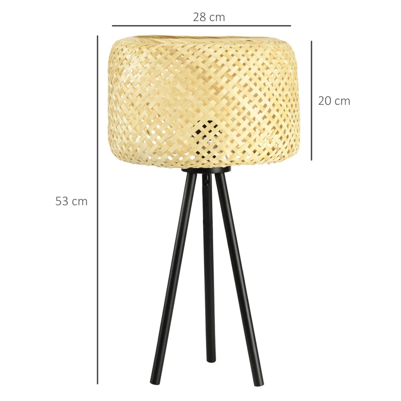 HOMCOM Tischleuchte im Boho-Stil, Lampenschirm aus Rattan, Stativ, 28 cm x 28 cm x 53 cm, Natur + Schwarz