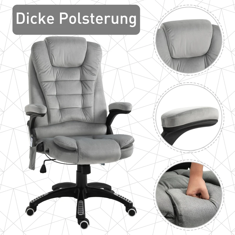 Vinsetto Bürostuhl mit Massagefunktion Ergonomischer Chefsessel mit Heizfunktion, Liegefunktion, Wippfunktion Höhenverstellbar 360° Drehbar Computerstuhl mit Seitentasche, Samtoptik, Grau