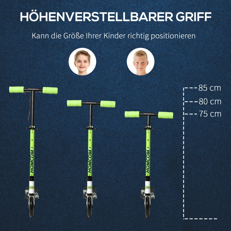 HOMCOM Scooter Kinderscooter klappbar Kickscooter mit Hinterbremsen Ø145 mm Rädern Tretroller höheverstellbar bis 50 kg belastbar für 4-8 Jahre Aluminium EVA Grün 72,8 x 33,4 x 75-85 cm