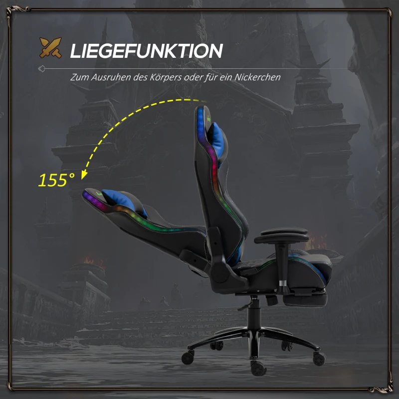 Vinsetto Gamingstuhl mit RGB LED-Leuchten Bürostuhl mit Wippenfunktion höhenverstellbarer Schreibtischstuhl Fußstütze ergonomisches Design modern Kunstleder Stahl Schwarz+Blau 71x74x 126-134 cm