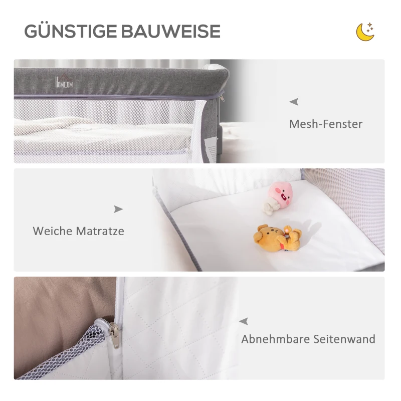 HOMCOM Babybett, Beistellbett, Reisebett, höhenverstellbar, mit Matratze, Stahl, grau, 86 x 50 x 83cm