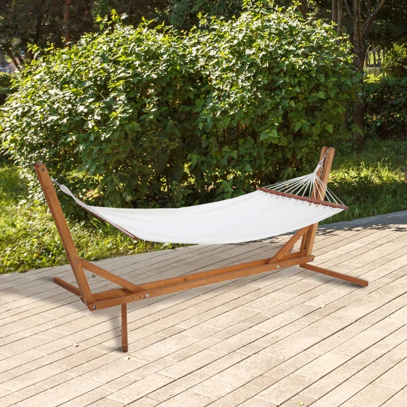 Outsunny Hängematte mit Gestell verstellbar Hammock aus Kiefernholz Stabhängematte faltbar Outdoor Indoor Cremeweiß+Natur 388 x 120 x 89 cm