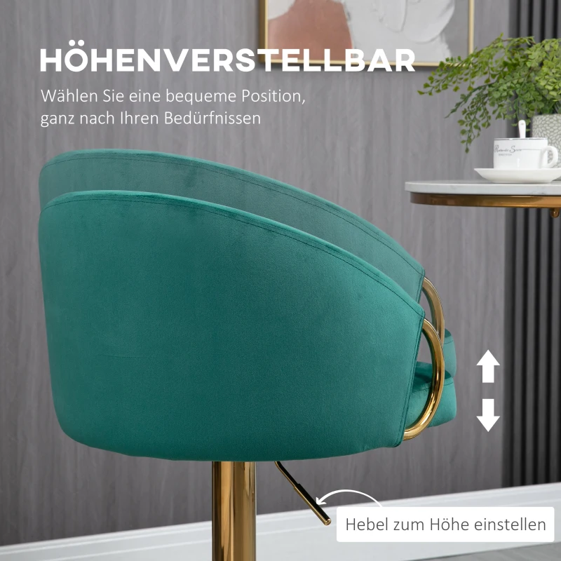 HOMCOM 2er-Ser Barhocker im Vintage-Design, inkl. Fußtstütze, Samtoptik, Barstuhl, Grün + Gold