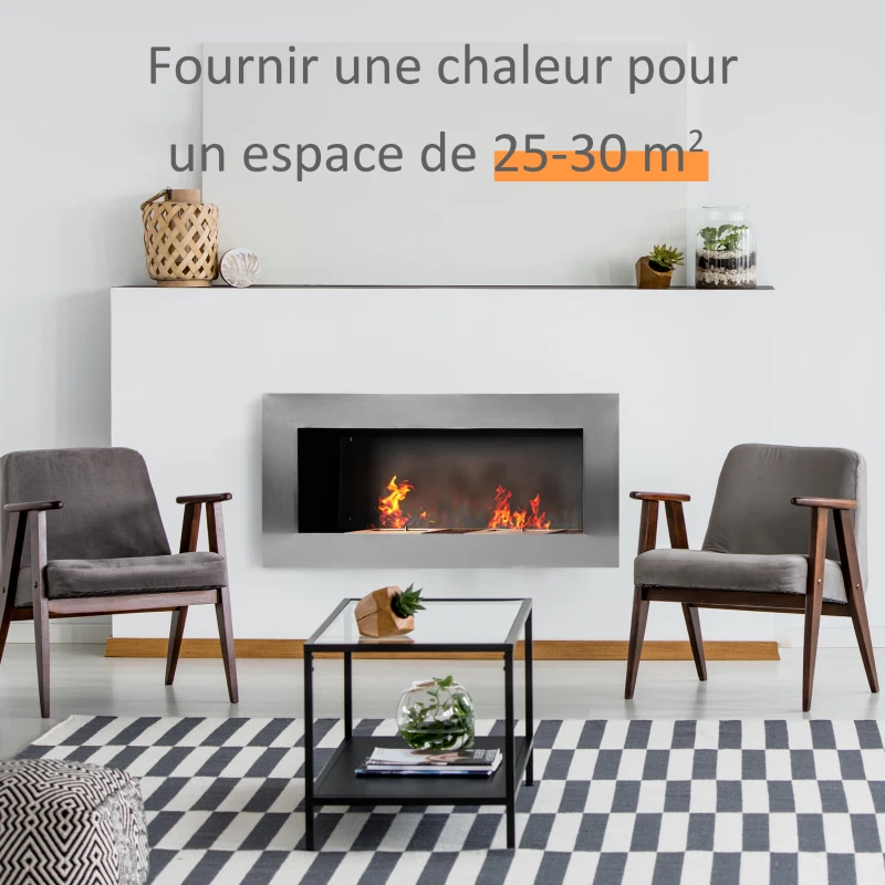 HOMCOM Cheminée bioéthanol Murale encastrable brûleur 2 x 0,9 L, environ 3 h de durée de combustion 110L x 14l x 54H cm Couverture 25-30 m² Acier inox