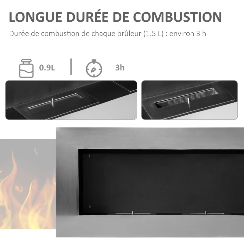 HOMCOM Cheminée bioéthanol Murale encastrable brûleur 2 x 0,9 L, environ 3 h de durée de combustion 110L x 14l x 54H cm Couverture 25-30 m² Acier inox