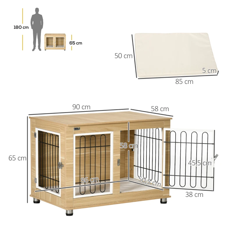 PawHut Hondenkooi, wasbaar kussen, 2 vergrendelingen, stelvoeten, 90 cm x 58 cm x 65 cm, naturel + zwart+ wit(m-3)