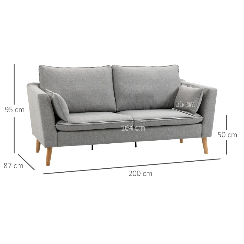 HOMCOM 2-er Sofa, 2-Sitzer, kleines Sofa, Retrodesign, 2 Kissen, Kautschukholz, Grau+ Natur