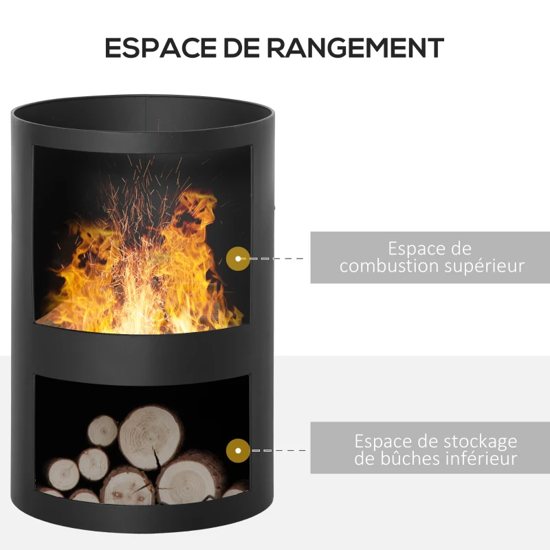 Outsunny Cheminée d'extérieur brasero mexicain hauteur 133 cm Ø 45 en métal avec tisonnier large foyer - espace de rangement pour bûches - noir