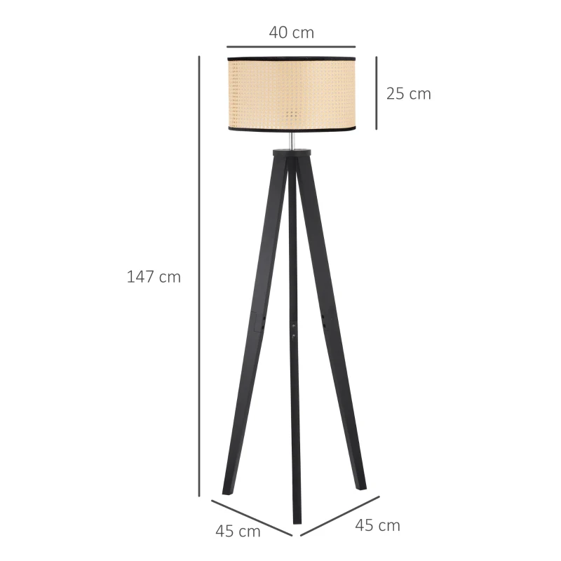 HOMCOM Stehlampe Wohnzimmer Tripod Stehleuchte 40W moderne Standleuchte mit E27 Fassung Holzfuß für Schlafzimmer Büro Schwarz+Gold 45 x 45 x 147 cm