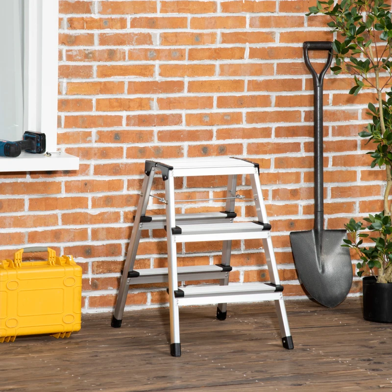 DURHAND Trittleiter Klapptritt, klappbar, breite Sprossen, rutschfest, Leichtbau, Aluminium+Stahl, 44 x 62,5 x 60,5cm