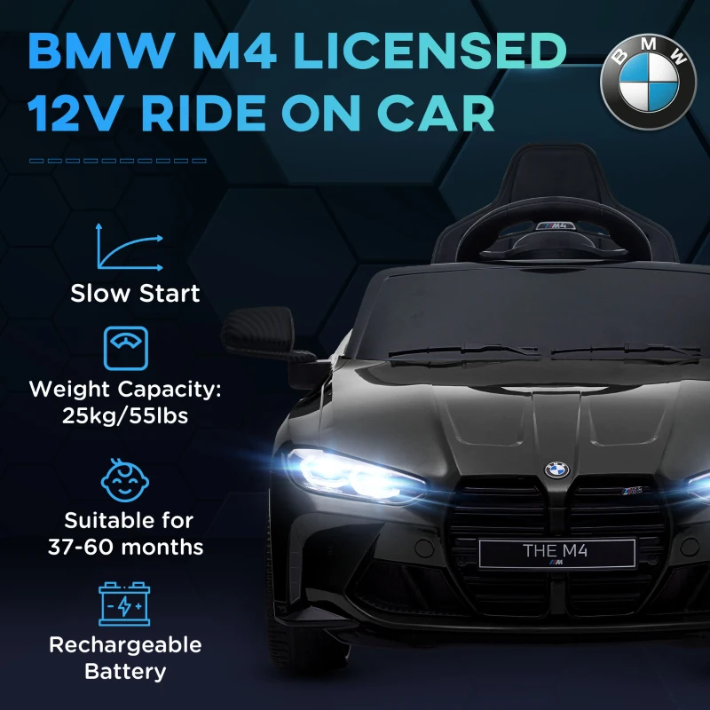 AIYAPLAY 12V BMW Licensed Kids Car, with Easy Transport, Remote Control, Suspension, Music, Horn, LED Lights, Black