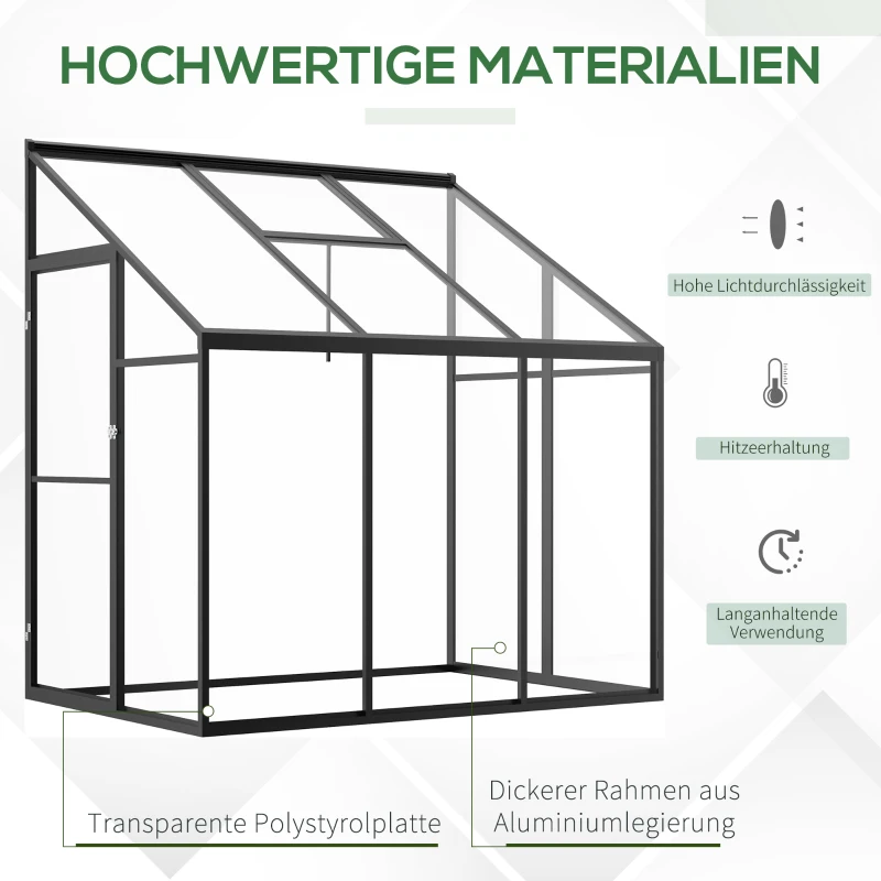 Outsunny Gewächshaus 182 x 122 cm Beistell Gartenhaus mit Verstellbares Dach Verschließbare Treibhaus Tür Aluminiumlegierung Polystyrolplatte Transparent Schwarz