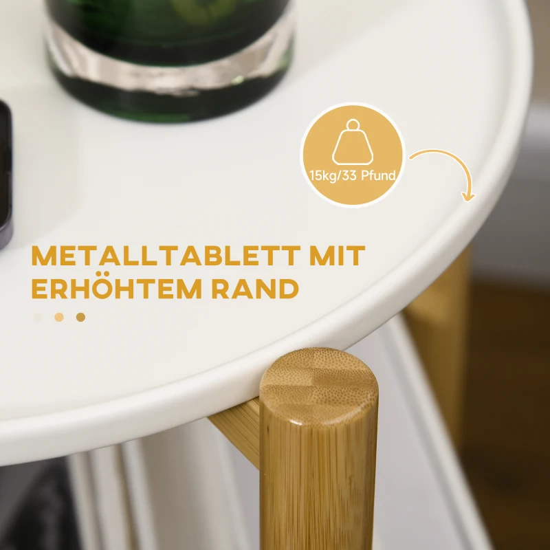 HOMCOM Beistelltisch mit abnehmbarem Tablett, 1 Aufbewahrungskorb, Bambus, 45 cm x 45 cm x 54 cm, Weiß + Natur + Grau