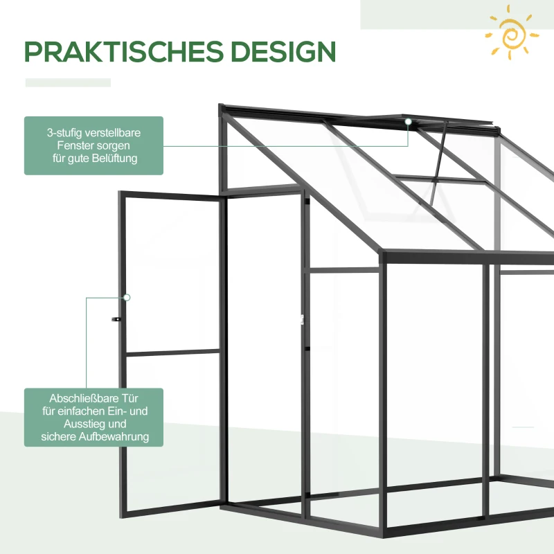 Outsunny Gewächshaus 182 x 122 cm Beistell Gartenhaus mit Verstellbares Dach Verschließbare Treibhaus Tür Aluminiumlegierung Polystyrolplatte Transparent Schwarz