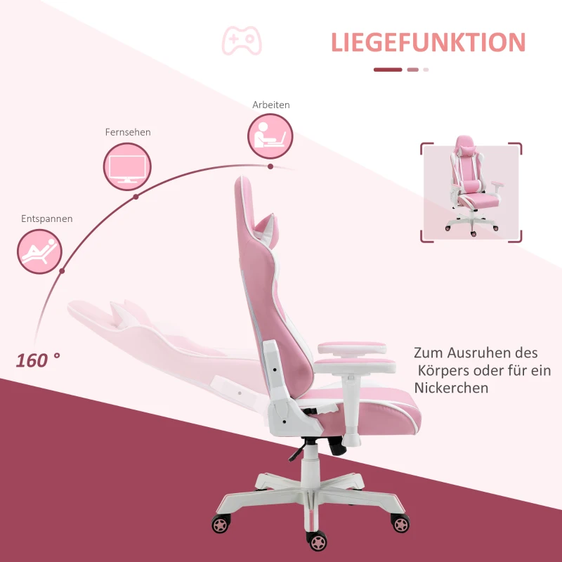 Vinsetto Gamingstuhl mit Kopfstütze Lendenkissen Bürostuhl höhenverstellbar Schaumstoff Kunstleder Nylon Rosa+Weiß 71 x 73 x 128-138 cm