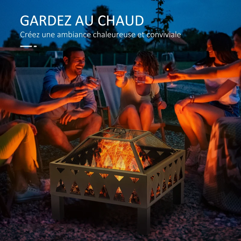 Outsunny Brasero cheminée Foyer extérieur dim. 66L x 66l x 58H cm Couvercle tisonnier métal Noir