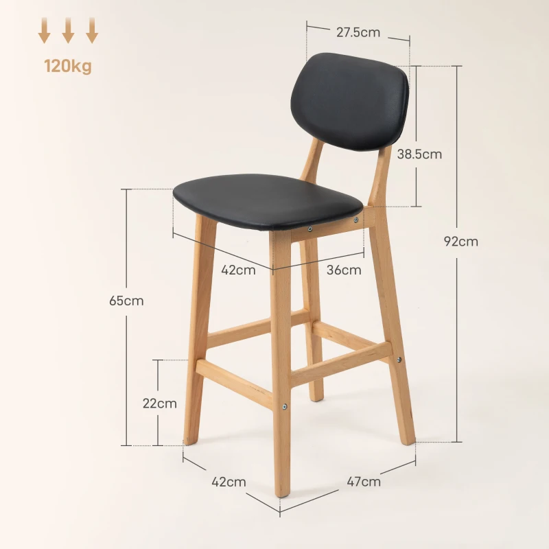 HOMCOM Set 2 Taburete cu Spătar și Tapițerie din Piele Artificială, Taburete Înalte din Lemn, 42x47x92 cm, Natural și Negru