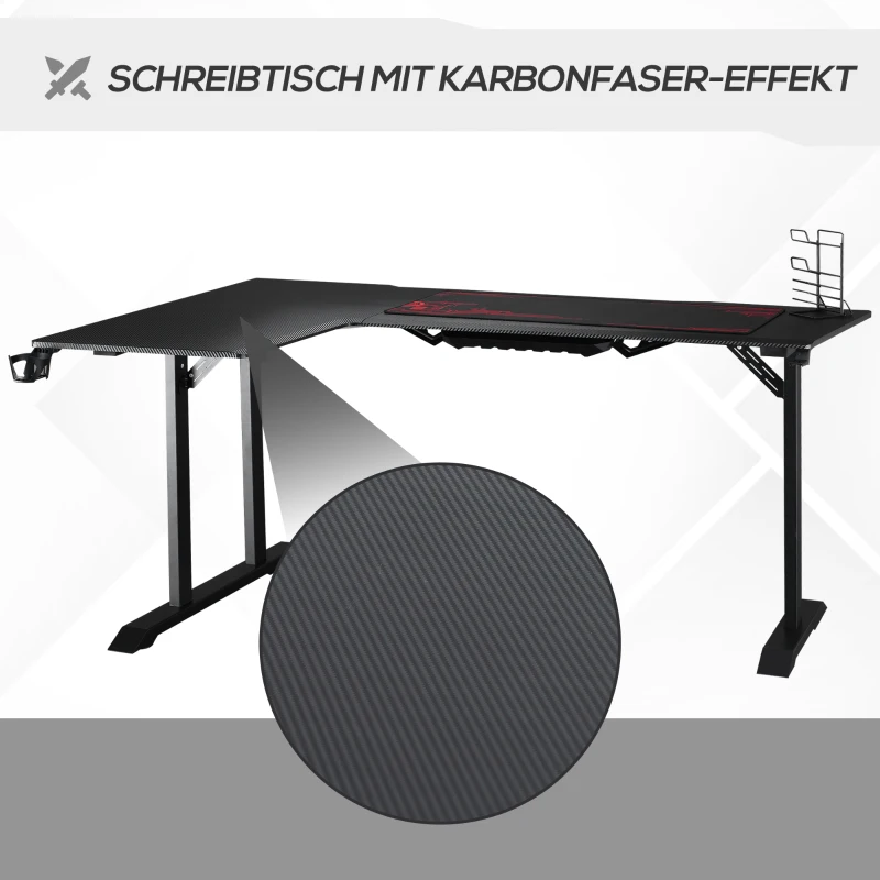 HOMCOM gaming-tafel bureau L-vormig met koptelefoonhaak bekerhouder computertafel metaal MDF zwart + rood 168 x 109 x 78 cm