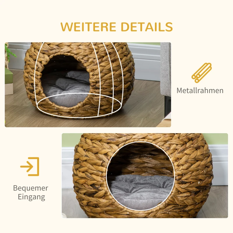 Pawhut Katzenhöhle aus Wasserhyazinthengras, Tragegriffe, 1 waschbares Kissen, 41 cm x 38 cm x 41 cm, Natur