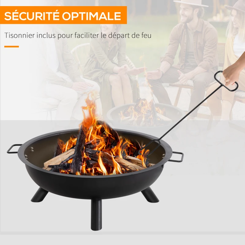 Outsunny Brasero cheminée foyer extérieur rond en acier avec tisonnier diamètre 63 cm - noir