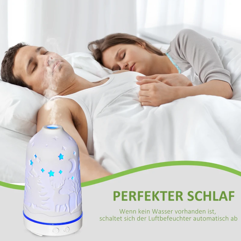 HOMCOM Elektrische Aroma-Diffusor für ätherische Öle 7 Farben LED 2 Sprühnebel-Modi automatische Abschaltung Keramischer Deckel mit floralem Muster elegant 100ml Keramik ABS Weiß Ø9,2x16,5 cm