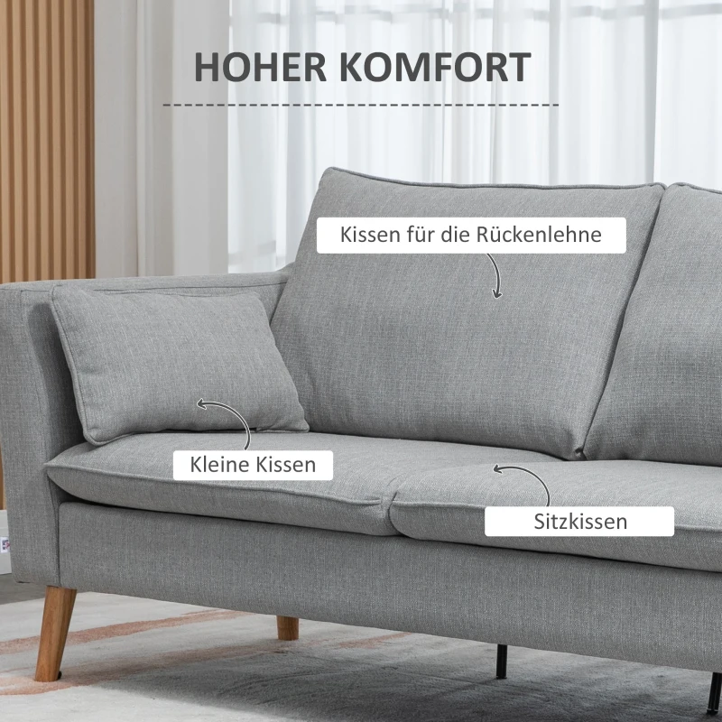HOMCOM 2-er Sofa, 2-Sitzer, kleines Sofa, Retrodesign, 2 Kissen, Kautschukholz, Grau+ Natur