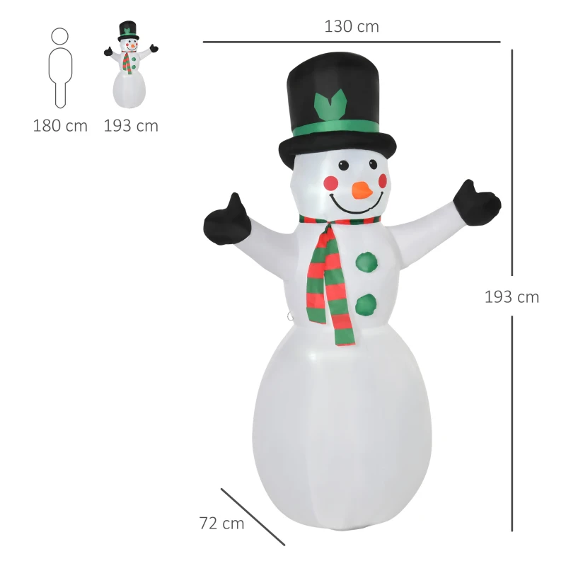HOMCOM 1,93 m opblaasbare sneeuwpop met 2 modulelampen kerstversiering voor binnen en buiten tuin gazondecoratie feest polyester wit  130 x 72 x 193 cm