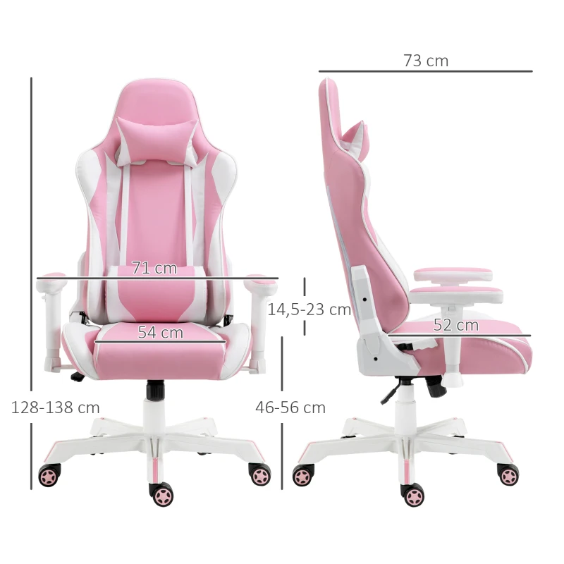 Vinsetto Gamingstuhl mit Kopfstütze Lendenkissen Bürostuhl höhenverstellbar Schaumstoff Kunstleder Nylon Rosa+Weiß 71 x 73 x 128-138 cm