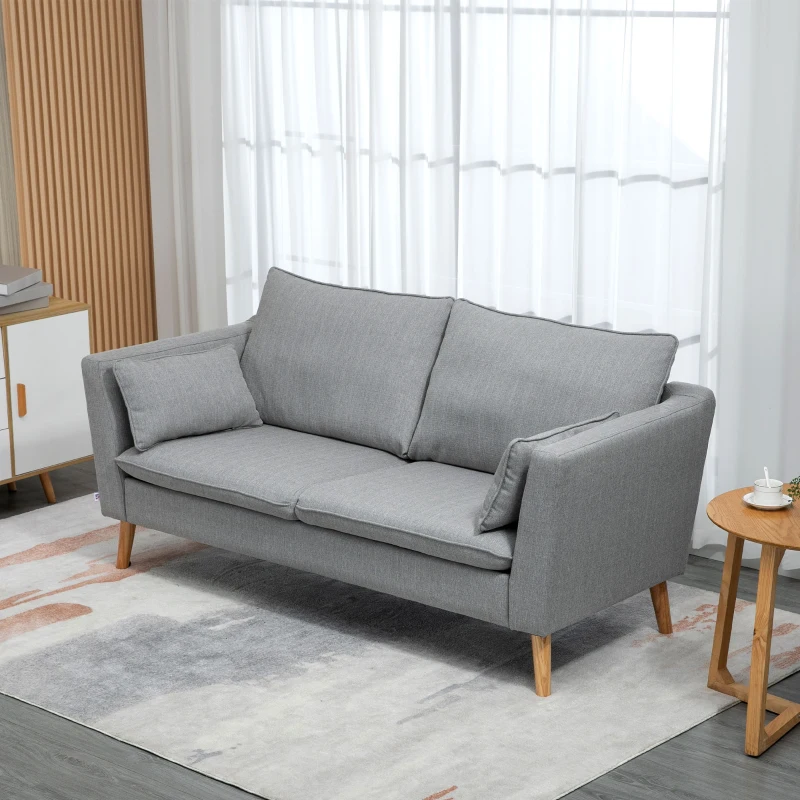 HOMCOM 2-er Sofa, 2-Sitzer, kleines Sofa, Retrodesign, 2 Kissen, Kautschukholz, Grau+ Natur
