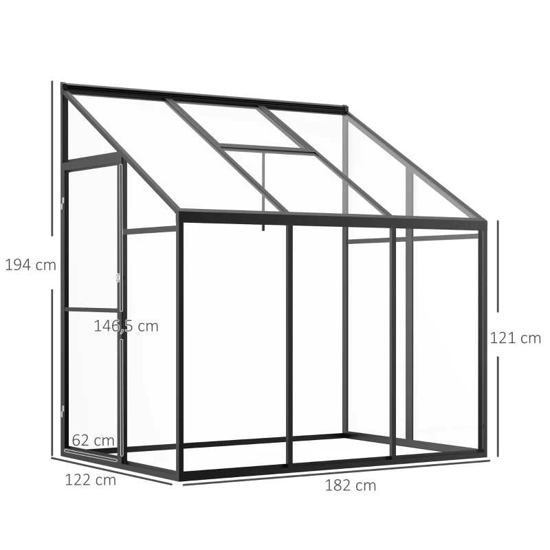 Outsunny Gewächshaus 182 x 122 cm Beistell Gartenhaus mit Verstellbares Dach Verschließbare Treibhaus Tür Aluminiumlegierung Polystyrolplatte Transparent Schwarz