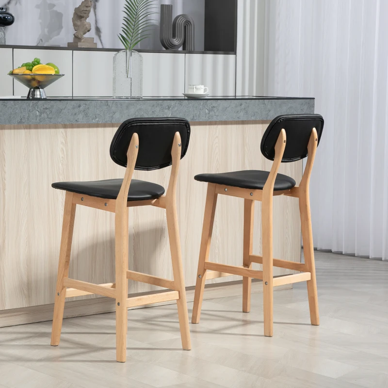 HOMCOM Set 2 Taburete cu Spătar și Tapițerie din Piele Artificială, Taburete Înalte din Lemn, 42x47x92 cm, Natural și Negru