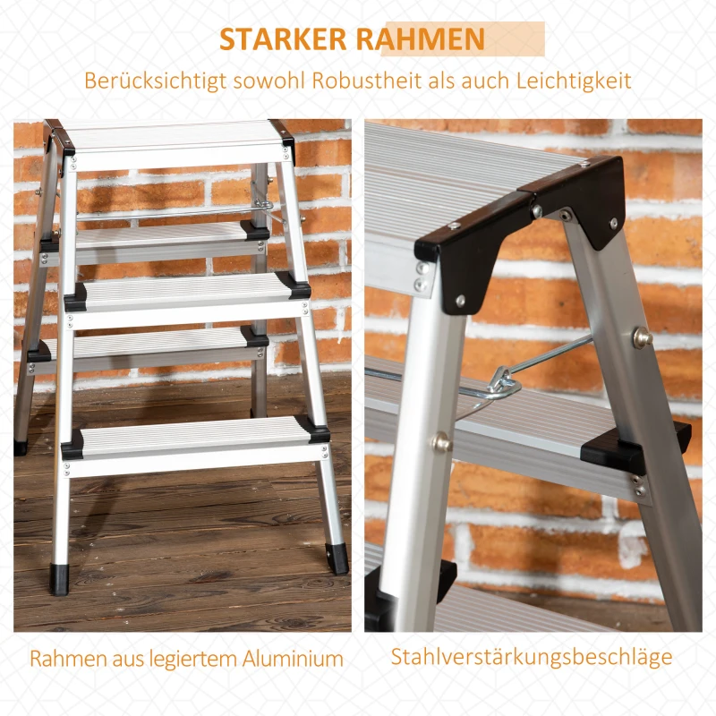 DURHAND Trittleiter Klapptritt, klappbar, breite Sprossen, rutschfest, Leichtbau, Aluminium+Stahl, 44 x 62,5 x 60,5cm