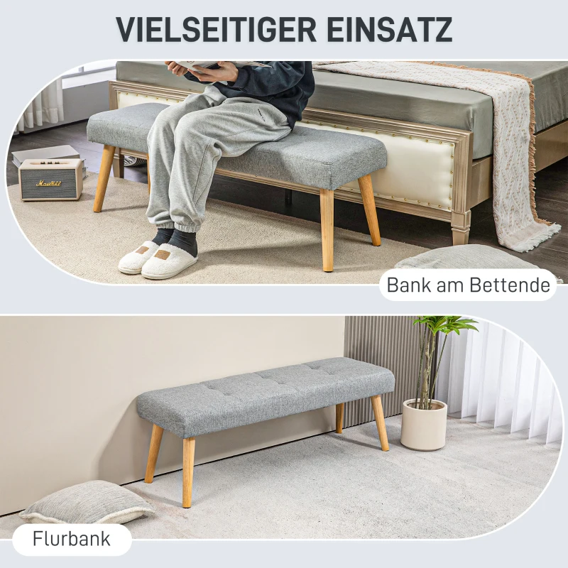 HOMCOM Polsterbank, Pikowanie guzikami, Wygląd lnu, Nogi z drewna maszwnego, do 120 kg, 120x41x43 cm, Szary