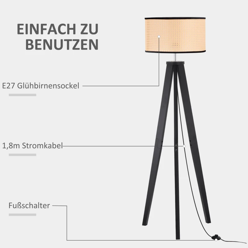 HOMCOM Stehlampe Wohnzimmer Tripod Stehleuchte 40W moderne Standleuchte mit E27 Fassung Holzfuß für Schlafzimmer Büro Schwarz+Gold 45 x 45 x 147 cm