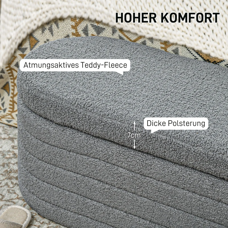HOMCOM Ławka do Sypialni z Przestrzenią do Przechowywania, Teddy-Fleece, 116x41x40,5cm, Jasnoszary